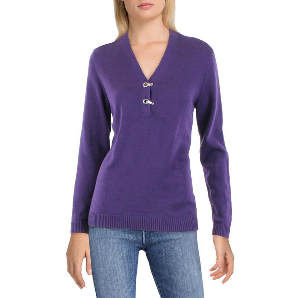 Karen Scott Womens Purple Boho V-Neck Shirt Henley Sweater Top Petites NWOT